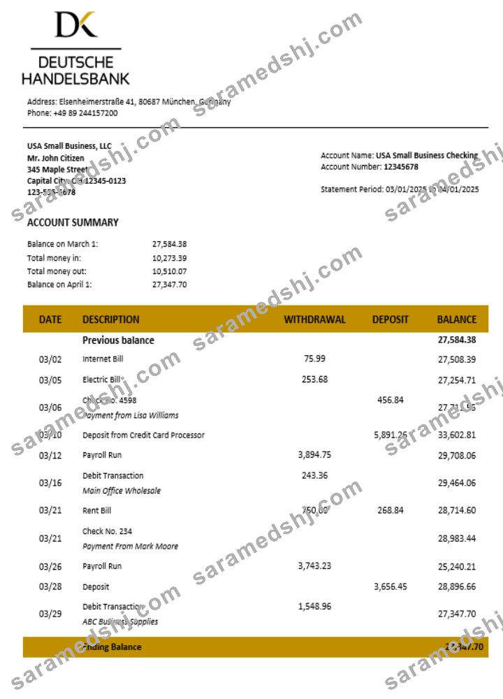 Deutsche Handelsbank firm account statement Word  and PDF format
